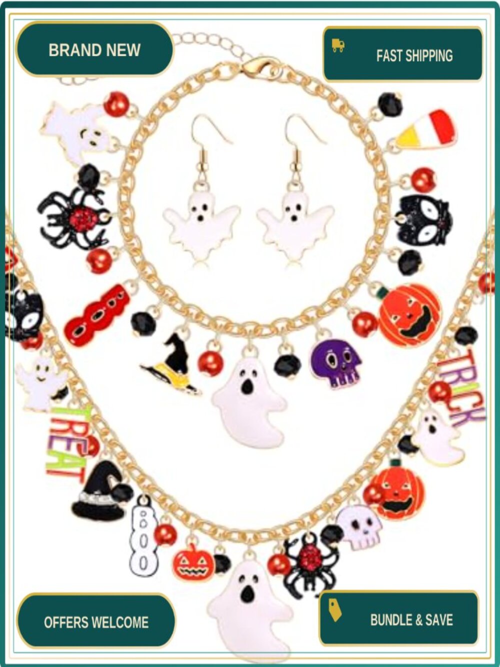 Halloween Jewelry Set Necklace Bracelet Earrings Pumpkin Ghost Boo Pendant